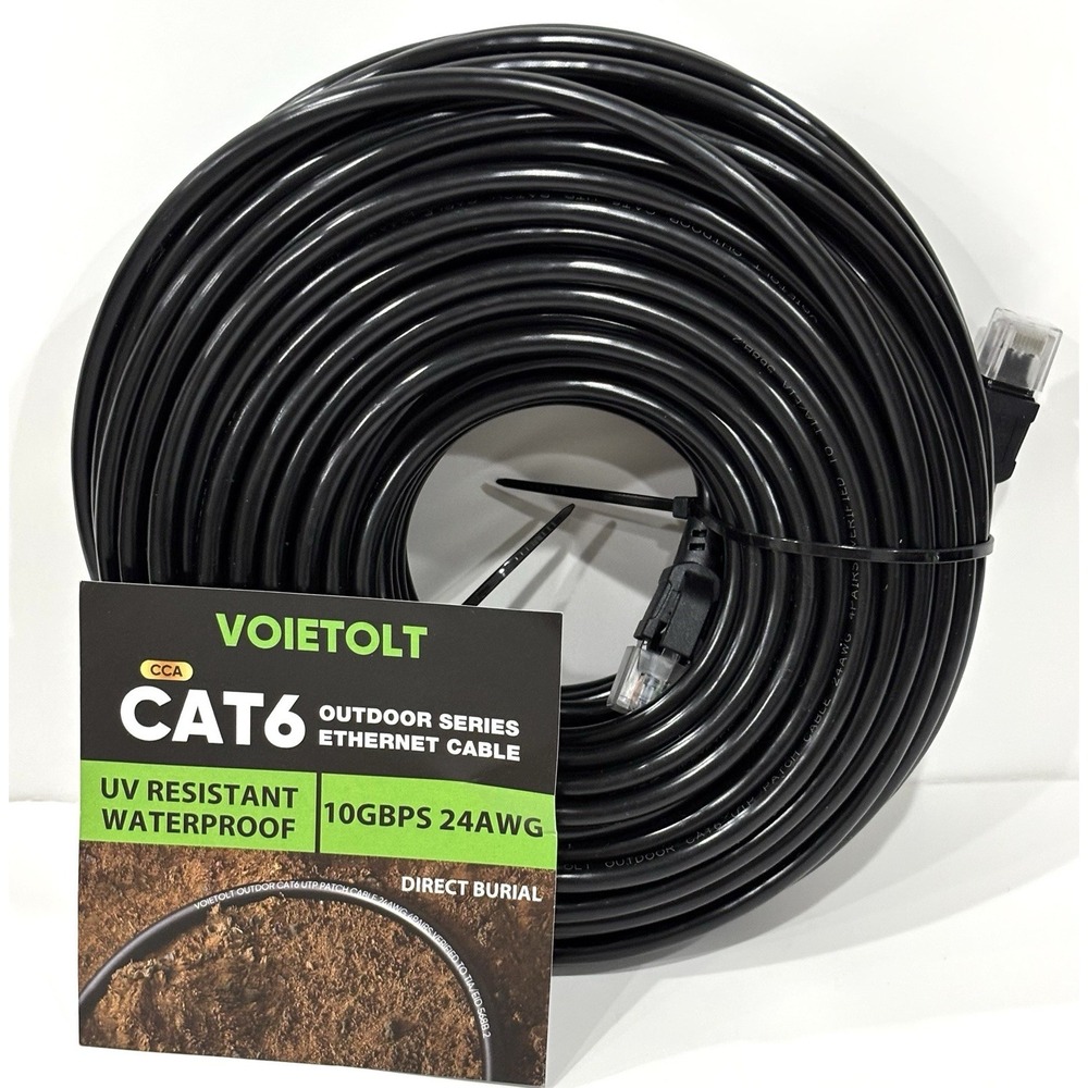 VOIETOLT Cat6 Outdoor Ethernet Cable 100FT 10Gbps 24AWG Direct Burial Black